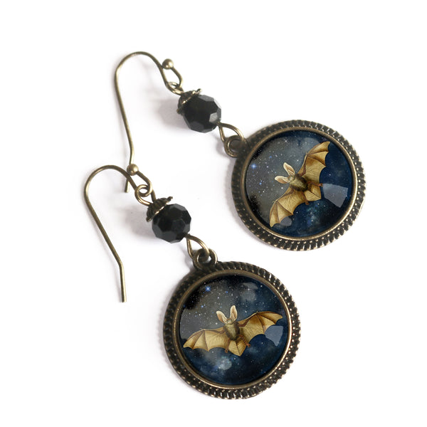 Starry Bat Drop / Dangle Earrings Glass Cabochons with Black Glass Bead