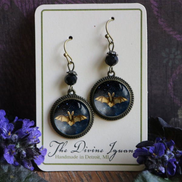 Starry Bat Drop / Dangle Earrings Glass Cabochons with Black Glass Bead