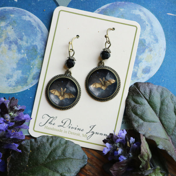 Starry Bat Drop / Dangle Earrings Glass Cabochons with Black Glass Bead