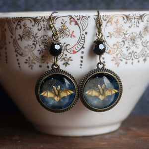 Starry Bat Drop / Dangle Earrings Glass Cabochons with Black Glass Bead