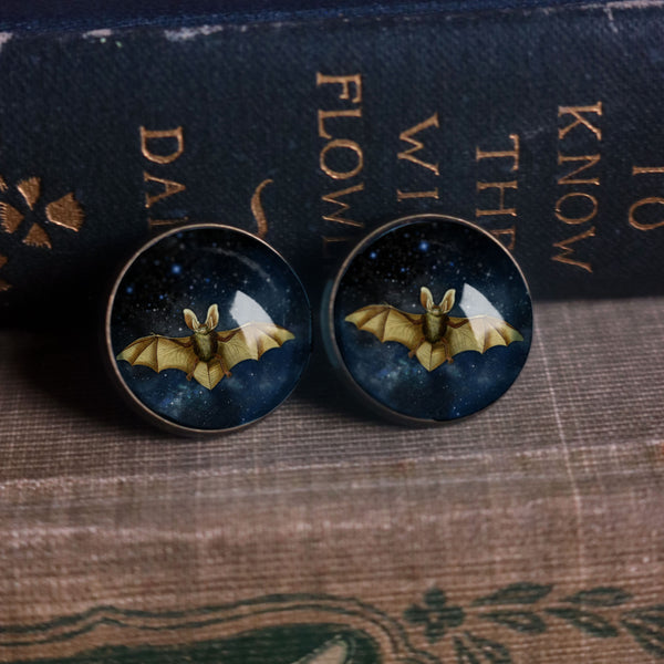 Starry Bat Goth or Halloween Glass Cabochon Stud Earrings