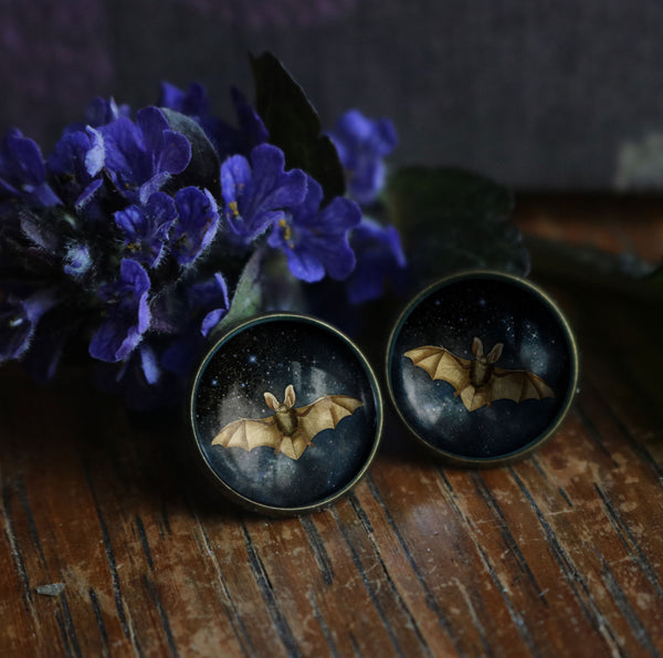 Starry Bat Goth or Halloween Glass Cabochon Stud Earrings