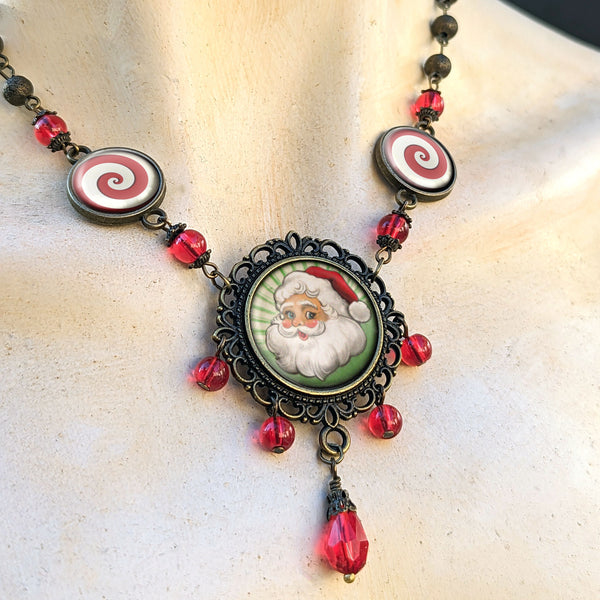 Retro Santa Claus Ornate Christmas Holiday Necklace with Brass Filigree and Red Beaded Accents