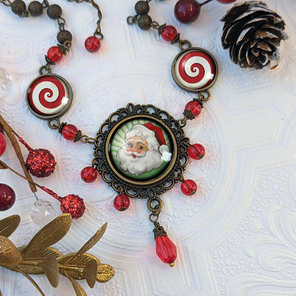 Retro Santa Claus Ornate Christmas Holiday Necklace with Brass Filigree and Red Beaded Accents