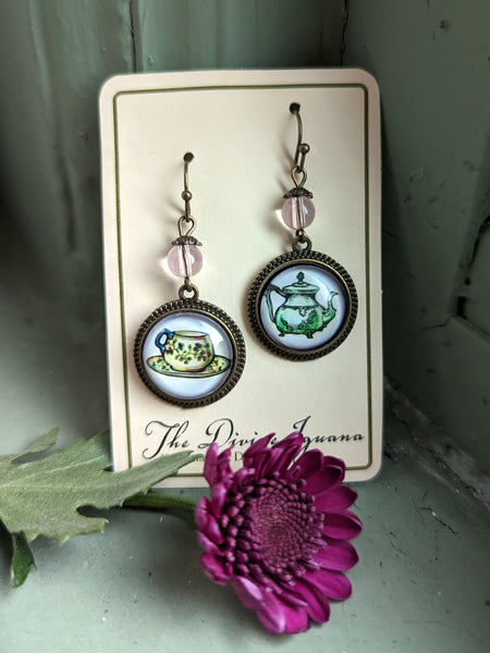 Mismatched Sweet Tea Green and Pink Teapot and Teacup Vintage Inspired Drop / Dangle Earrings