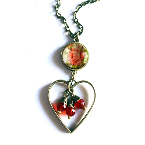 Victorian Tea Rose Heart Charm Pendant Necklace with Bead Accent