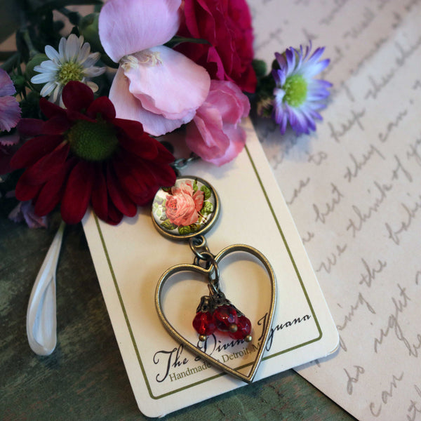 Victorian Tea Rose Heart Charm Pendant Necklace with Bead Accent