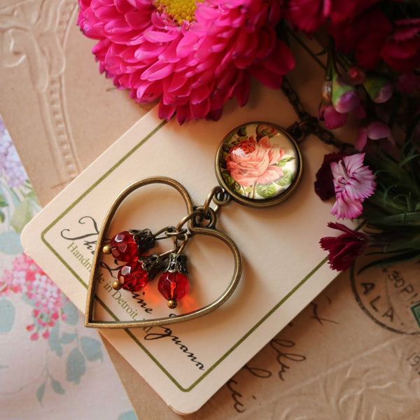 Victorian Tea Rose Heart Charm Pendant Necklace with Bead Accent