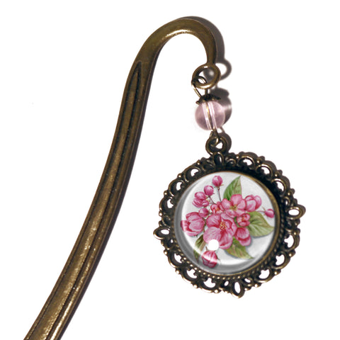 Cherry Blossom Spring Flower Glass Cabochon Brass Book Hook / Bookmark