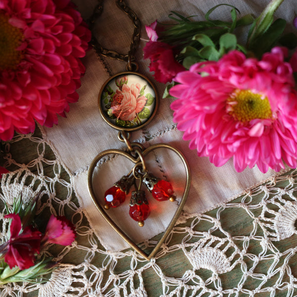 Victorian Tea Rose Heart Charm Pendant Necklace with Bead Accent