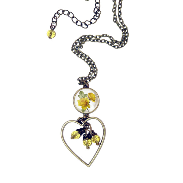 Yellow Rose Heart Charm Pendant Necklace with Bead Accent