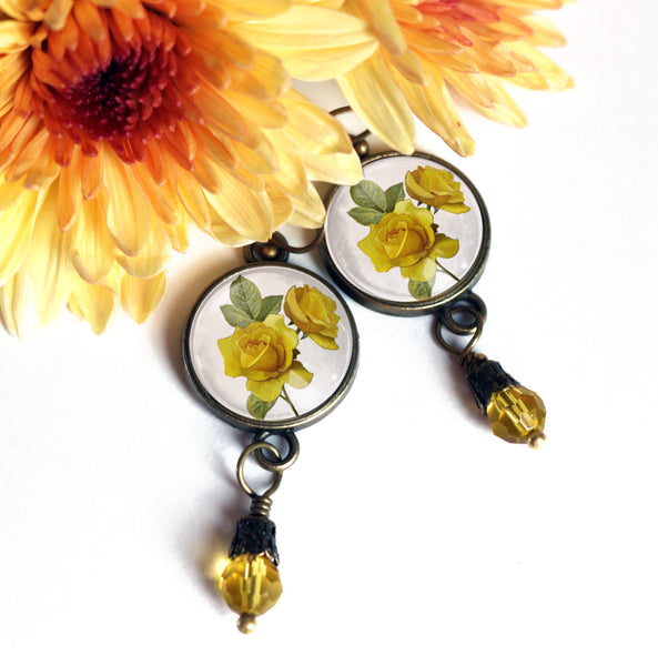 Yellow Rose Vintage Inspired Drop / Dangle Earrings with Glass Bead