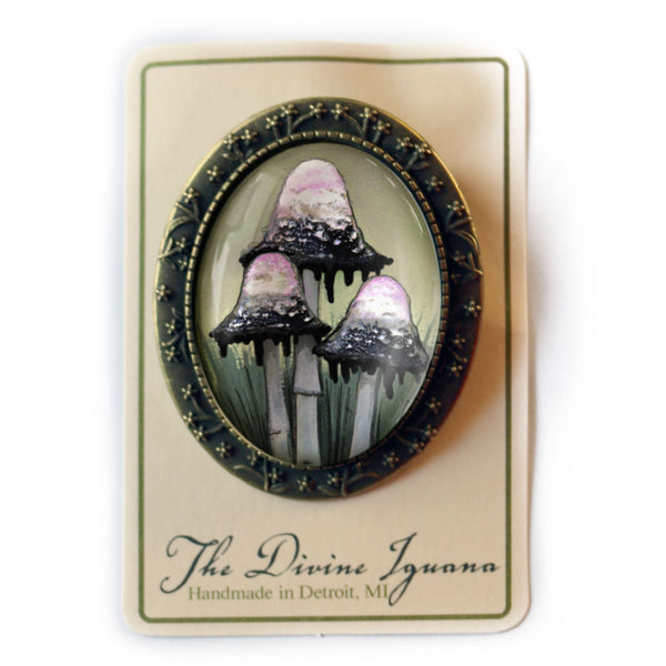 Inky Cap Mushrooms Ornate Oval Glass Cabochon  Brooch