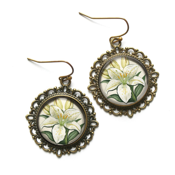 Art Nouveau Easter Lily Earrings in Ornate Bronze Filigree Findings