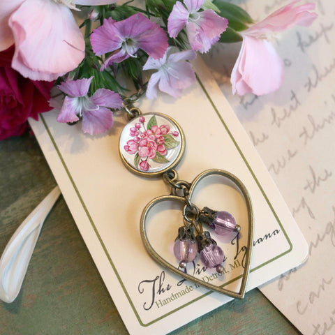 Cherry Blossom Heart Charm Pendant Necklace with Bead Accent