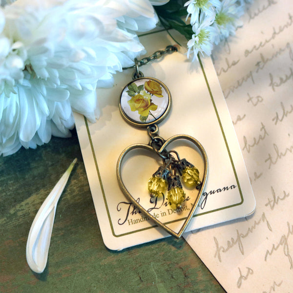 Yellow Rose Heart Charm Pendant Necklace with Bead Accent