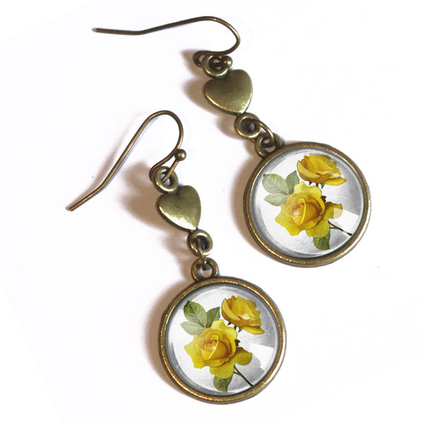 Yellow Rose Vintage Inspired Drop / Dangle Earrings with Heart Accent