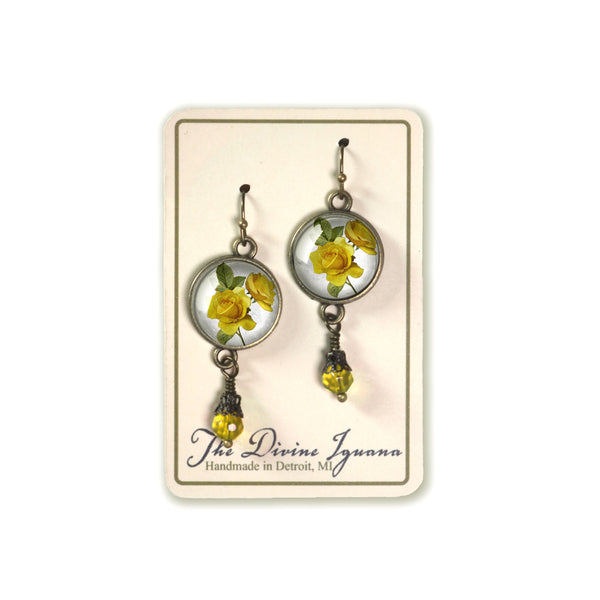 Yellow Rose Vintage Inspired Drop / Dangle Earrings with Glass Bead