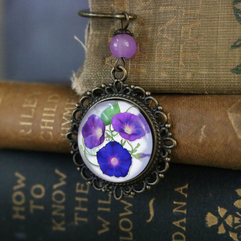 Morning Glory Cottage Core  Glass Cabochon Brass Book Hook / Bookmark