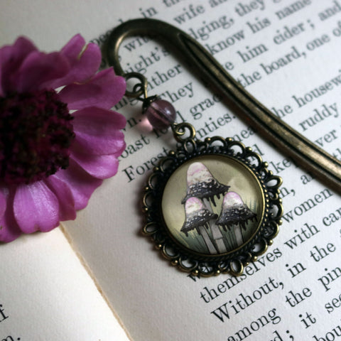 Inky Cap Mushroom Cottage Core Glass Cabochon Brass Book Hook / Bookmark