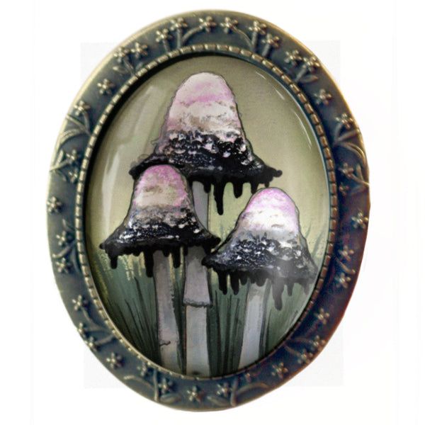 Inky Cap Mushrooms Ornate Oval Glass Cabochon  Brooch