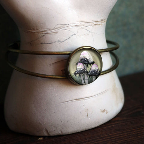 Inky Cap Mushroom Cottage Core Glass Cabochon Cuff Bracelet