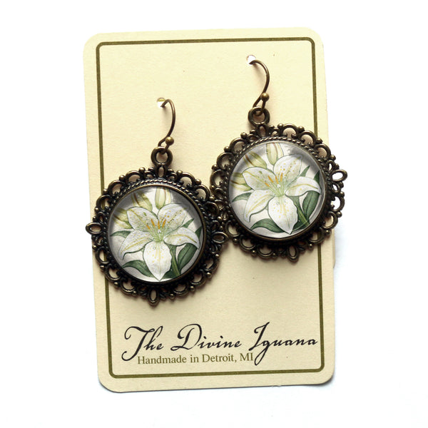 Art Nouveau Easter Lily Earrings in Ornate Bronze Filigree Findings