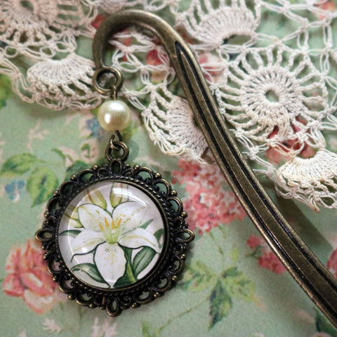 Easter Lily Glass Cabochon Brass Book Hook / Bookmark