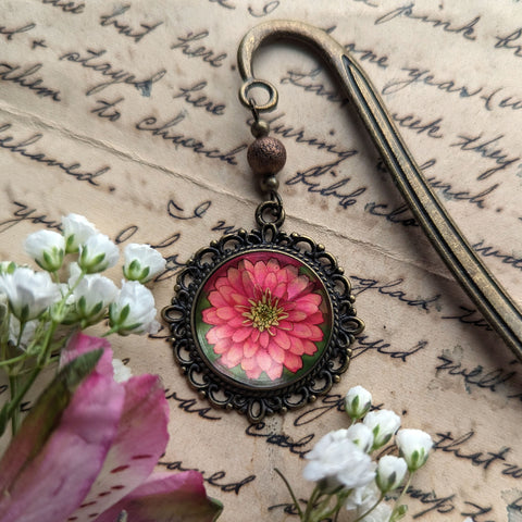 Pink Zinnia Cottage Core Glass Cabochon Brass Book Hook / Bookmark