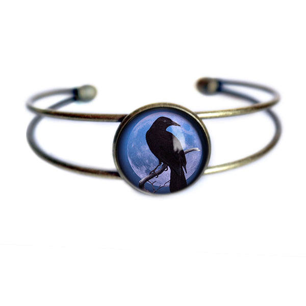 Crow or Raven on Purple Full Moon Cuff / Bangle Bracelet in Antique Brass