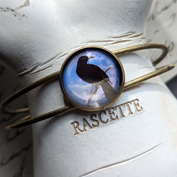 Crow or Raven on Purple Full Moon Cuff / Bangle Bracelet in Antique Brass