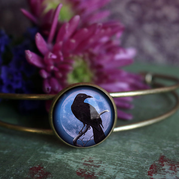 Crow or Raven on Purple Full Moon Cuff / Bangle Bracelet in Antique Brass